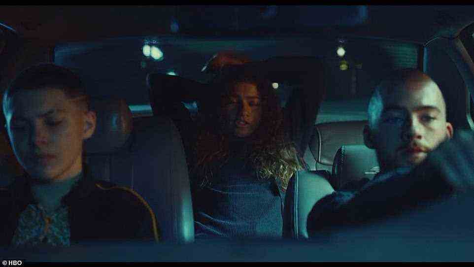 Drug deal: The episode picks up with Rue in the back seat of a car with Fezco and Ashtray, singing to 2Pac's Hit 'Em Up as they are on their way to a drug deal
