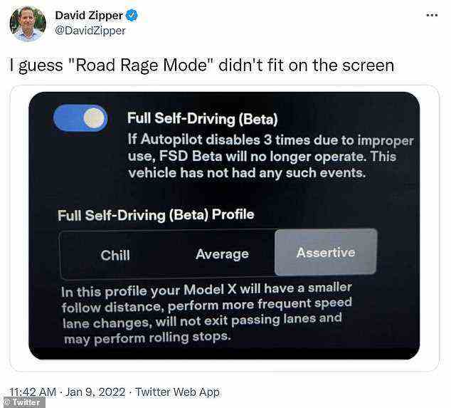 Tesla hat auch die neueste FSD-Beta 10.3 mit drei Fahrmodi veröffentlicht, die dem Fahrzeug während der Fahrt einen „Chill“, „Average“ oder „Assertive“-Ansatz verleihen.  Der Tech-Autor David Zipper, der anscheinend die ersten Neuigkeiten über die Modi geteilt hat, scherzt auf Twitter und sagt: 