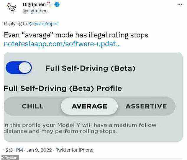 Ein Screenshot, der von Digtalhen auf Twitter geteilt wurde, zeigt, dass „Average“ auch rollende Stopps durchführen kann, während „Chill“ „eine größere Folgedistanz hat und weniger schnelle Spurwechsel durchführt