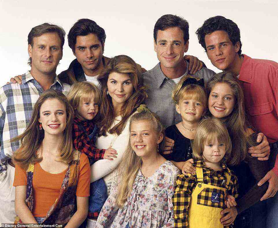 Saget starred on the ABC series as Danny Tanner from 1987 through 1995, and then led the Netflix sequel series Fuller House for five seasons from 2016 to 2020; pictured in 1993 with costars (L–R) Dave Coulier, Andrea Barber, Dylan Tuomy-Wilhoit, John Stamos, Lori Loughlin, Jodie Sweetin, Mary-Kate Olsen, Blake Tuomy-Wilhoit, Candace Cameron and Scott Weinger