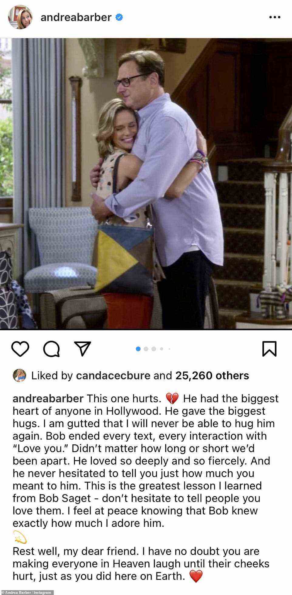 Missing him: Andrea Barber, who played Kimmy Gibbler on Full House and its sequel series, shared a sweet still from Fuller House of herself hugging Saget to mark his death