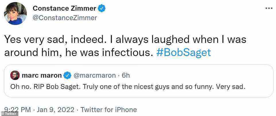 Very sad: Constance Zimmer was 'very sad' and tweeted that she always laughed when around Saget