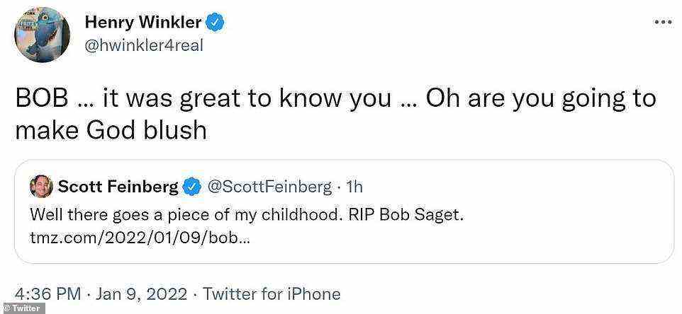 Having a laugh: Henry Winkler alluded to Saget's risqué stand-up comedy in his tribute. 'BOB ... it was great to know you ... Oh are you going to make God blush,' he joked