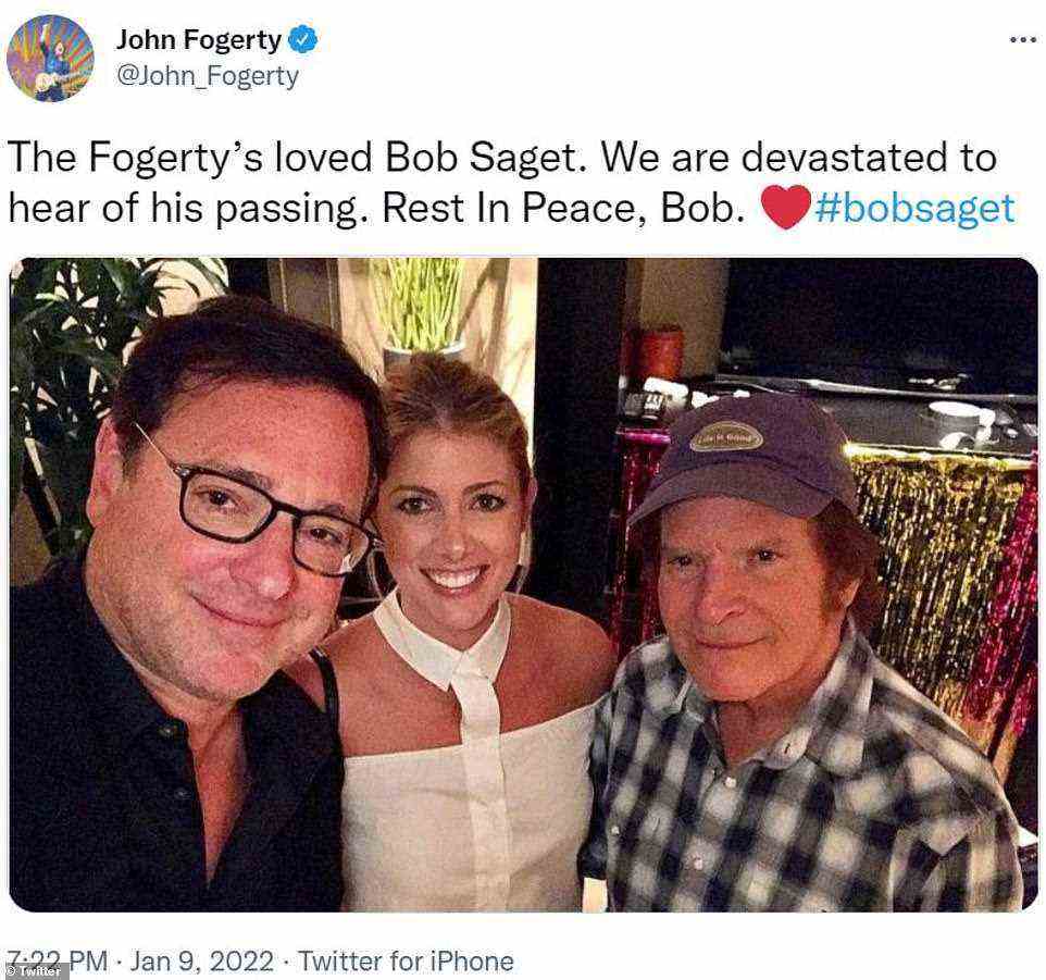 Family friend: John Fogerty, of Creedence Clearwater Revival fame, shared a photo of himself with Saget, writing that his family 'loved' the comedian and was 'devastated' to learn of his death