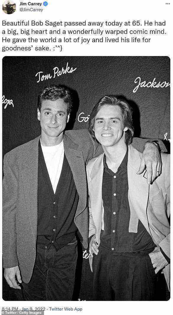 'He had a big, big heart and a wonderfully warped comic mind':  Jim Carrey posted a throwback snap from 1992 of the duo at the Comedy Store