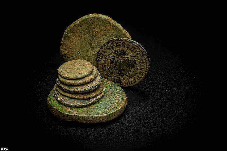 Roman coins. More than 300 Roman coins have been found at the site, which is just north of the village of Chipping Warden, Northamptonshire
