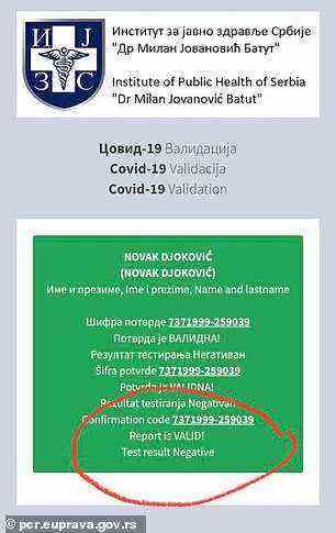 Zweifel aufkommen lassen: Eine deutsche Nachrichtenseite behauptet, als sie am Montag um 13.19 Uhr den Code für Djokovics Test vom 16. Dezember in die offizielle serbische Datenbank eingab, sei das Ergebnis negativ gewesen