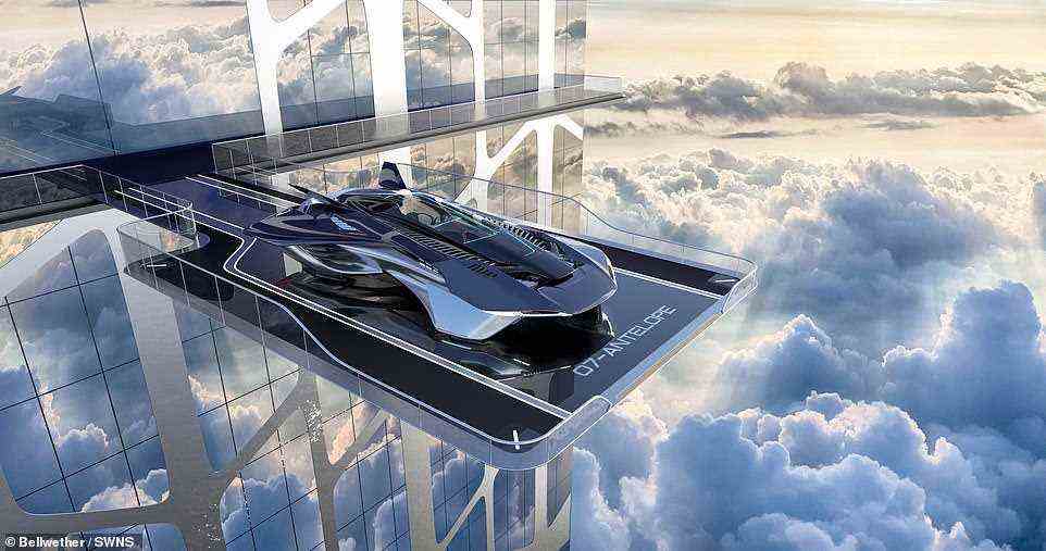 Wie eine Szene aus Star Wars zeigt dieses futuristische Konzeptbild den Bellwether Volar eVTOL auf seiner speziellen Landeplattform in einem Hochhaus
