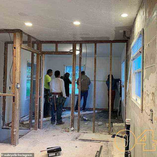 She said the 'lack of contract' and' inconsistent schedule from the crew was 'unsettling.' and that the communication was 'disastrous.' Aubry also claimed that the men the Merediths hired to work on her house were 'unlicensed and uninsured.' Some of the workers are pictured renovating the house