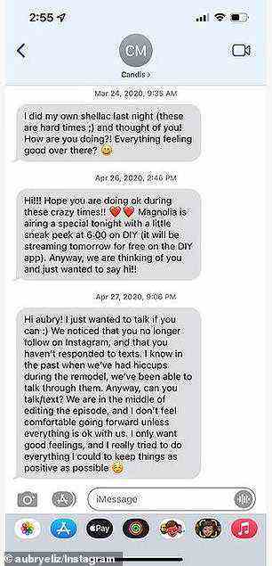 Months later, she allegedly received a text from Candis, who said she 'didn't feel comfortable editing her episode unless everything was OK between them.' Seen are alleged screenshots of the messages