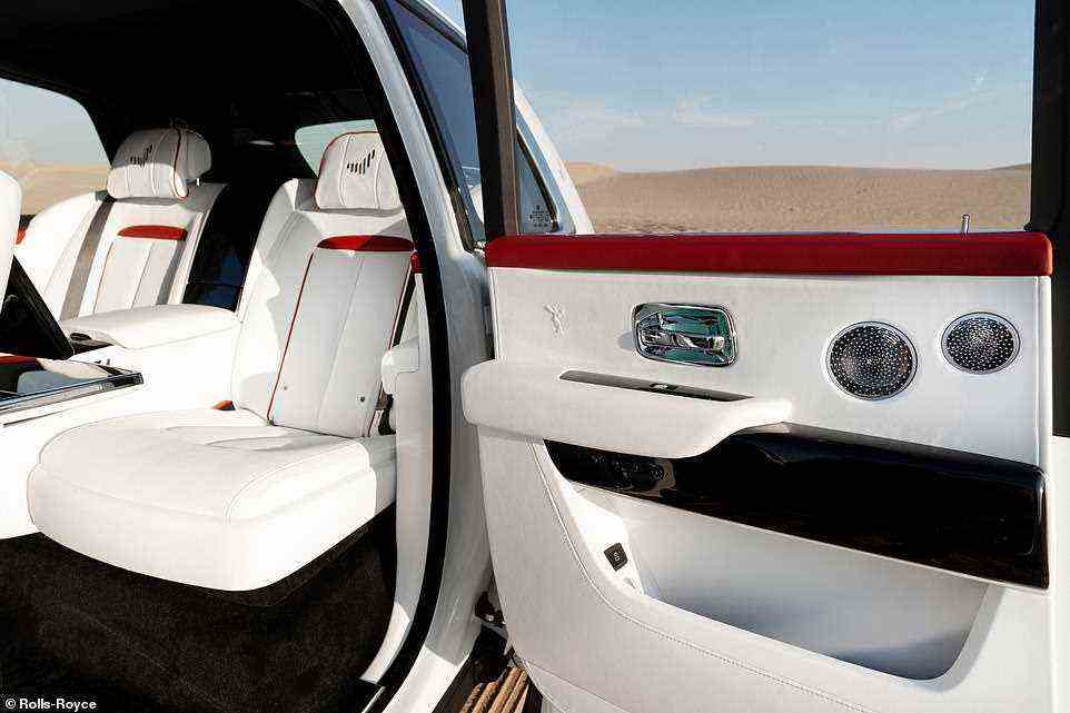 The tailored interior mirrors the exterior in the same tones, including the UAE's emblem embroidered on each headrest