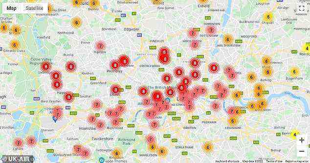 Das Zentrum von London ist am stärksten betroffen, obwohl zu den Gebieten mit der Bewertung 8/10 Hampstead im Norden, Uxbridge im Westen und Hackney im Osten gehören