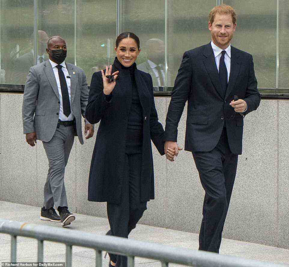 The Duke and Duchess of Sussex have made no secret of their unhappiness at the removal of their taxpayer-funded security. The couple were living in Canada – guarded by publicly funded British UK and Canadian security – when 'Megxit' was announced in January 2020. (Above, Harry and Meghan in Manhattan in September 2021 after visiting the 9/11 memorial pools)