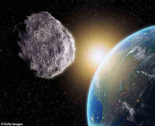 The space rock, called 7482 (1994 PC1), poses no threat to the Earth as it will be five times further away from the planet than the Moon, as it shoots by at 43,000 mph (pictured, an artist's impression of an asteroid)