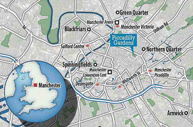 Eine Karte, die zeigt, wo die riesige Schlägerei am Freitagabend im Stadtzentrum von Manchester stattfand
