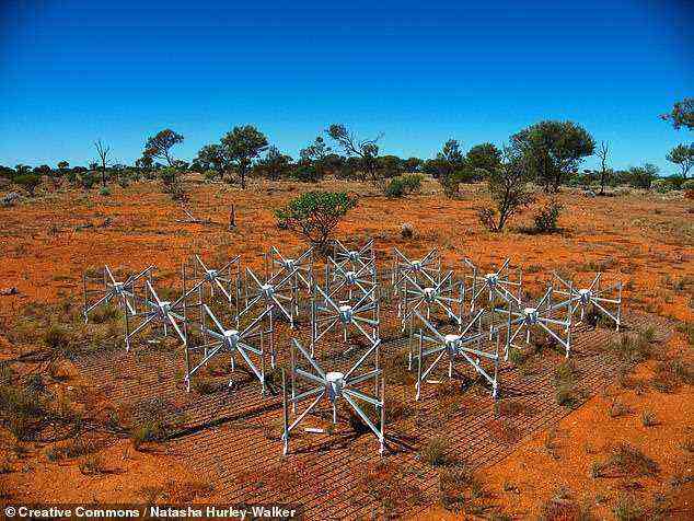 As part of efforts to pick out the faint reionisation signal from all this background noise, Dr Lynch have been collecting data using the Murchison Widefield Array, a low-frequency radio telescope in the outback around 500 miles north of Perth. Pictured: 16 of the array's antennas