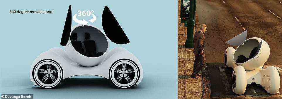 The bizarre white car consists of a spherical pod that swivels around 360-degrees and opens a set of doors to the passengers