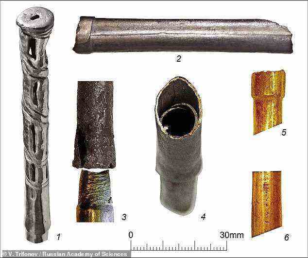 The straws, which are on display in the Hermitage Museum of St Petersburg, had previously been thought to have been sceptres, or perhaps poles for a canopy. Pictured: close-ups of parts of the straws, notabling showing one of the narrow, The straws, which are on display in the Hermitage Museum of St Petersburg, had previously been thought to have been sceptres, or perhaps poles for a canopy. (left)