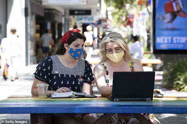 Arrivals: It was expected about 80,000 interstate and international arrivals would land in Perth Airport in the first two weeks of the reopening (pictured, two woman wear masks in Perth)