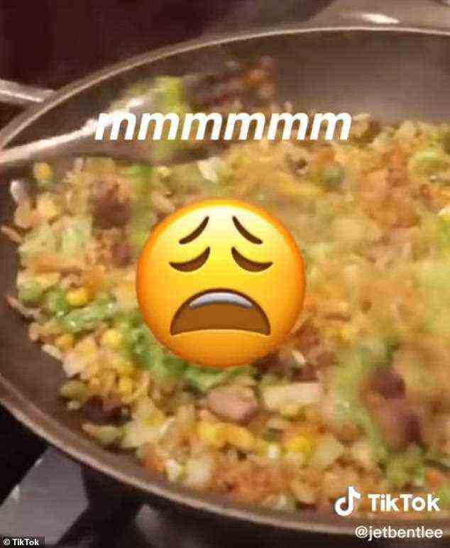 He then added corn, onion, lettuce, chives, green beans, peppers, beef, soy sauce, and ginger to the fried rice