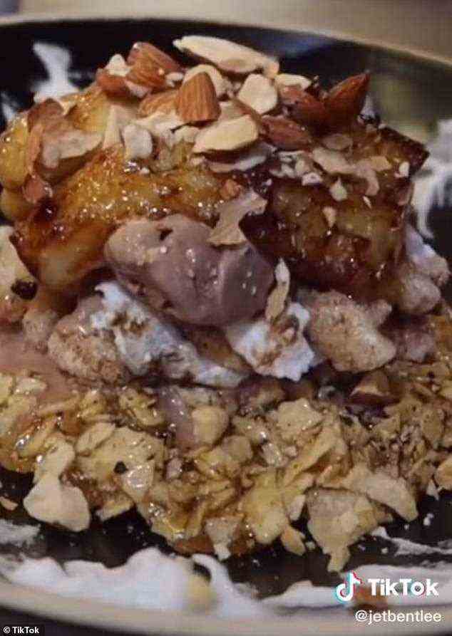 He placed the cinnamon twists on top of the mashed tortilla mix, and added a caramelized banana, chocolate ice cream, and shaved almonds on top