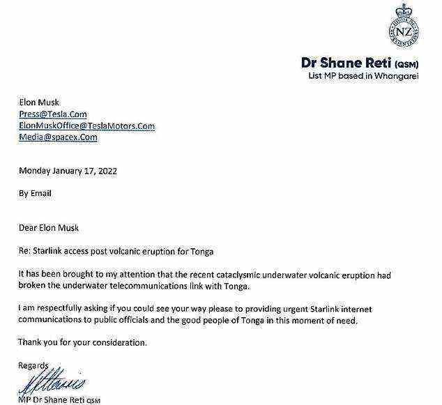 Dr. Shane Reti, Abgeordneter mit Sitz in Whangarei, schickte Musk kurz nachdem er von dem Vorschlag gehört hatte, einen Brief, in dem er fragte, ob sein weltraumgestütztes Internet den Menschen in Tonga helfen könne