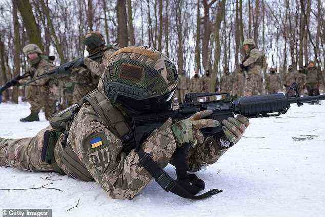While Ukrainian officials have acknowledged the country has little chance to fend off a full Russian invasion, Russian occupation troops would likely face a deep-rooted, decentralized and prolonged insurgency. Ukrainian civilian volunteers are seen above in training