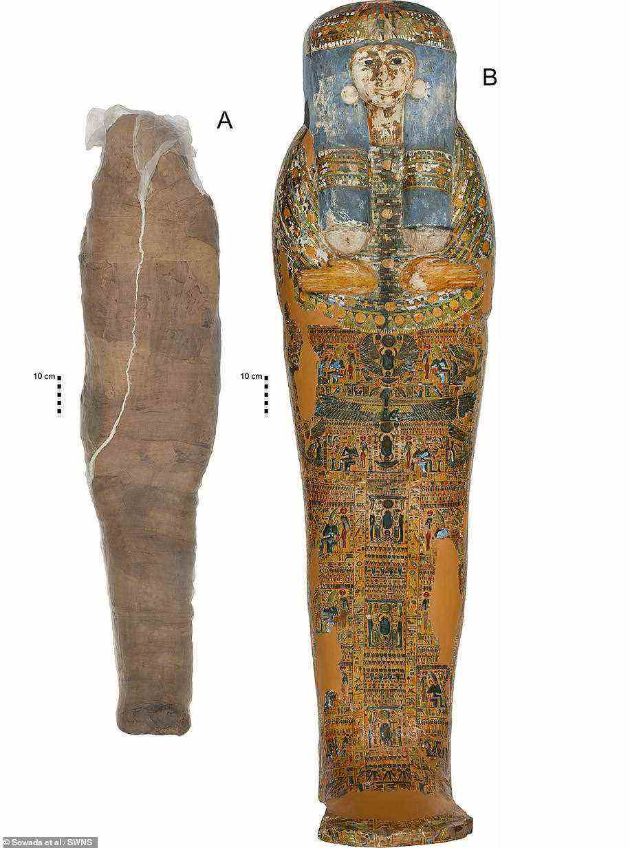 Mumifizierte Person und Sarg in der Nicholson Collection des Chau Chak Wing Museum, University of Sydney.  Es hat sich herausgestellt, dass eine ägyptische Mumie nicht die Adlige ist, die auf dem Sarg genannt wird, in dem sie gefunden wurde