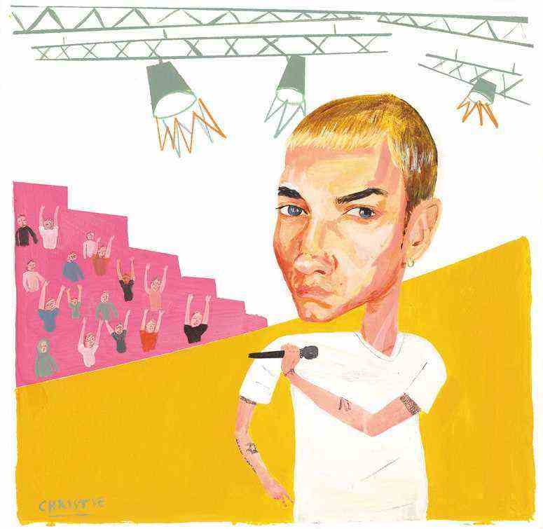 Eine Cartoon-ähnliche Illustration von Eminem, der auf einer gelb beleuchteten Bühne auftritt 