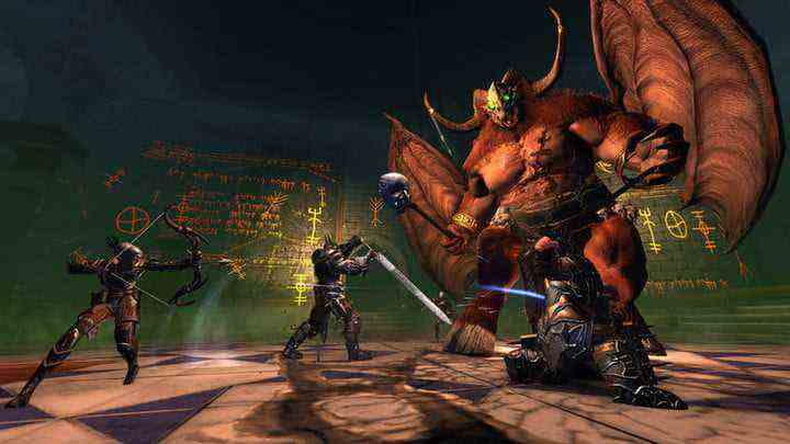 A party of adventurers fight a giant demon in Neverwinter.