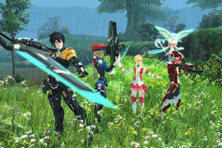 Fighters ready in a field in Phantasy Star Online 2.