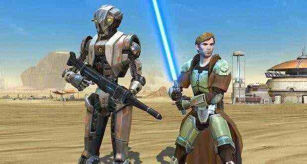 A Jedi character and a a battle droid companion in Star Wars: The Old Republic.