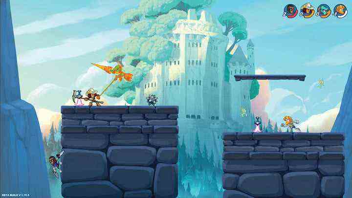 Cartoony fighters duke in out on a castle map in Brawlhalla.