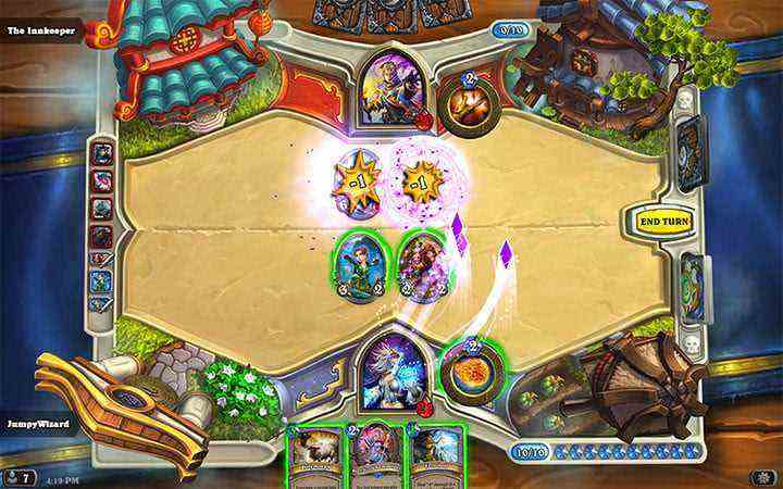 One player lays down some attack creature cards in Hearthstone.