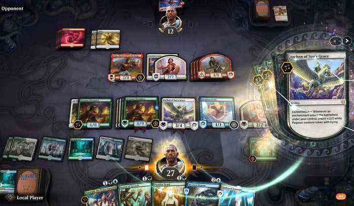 A heated Magic: The Gathering Arena with lots of creatures on the playing field.