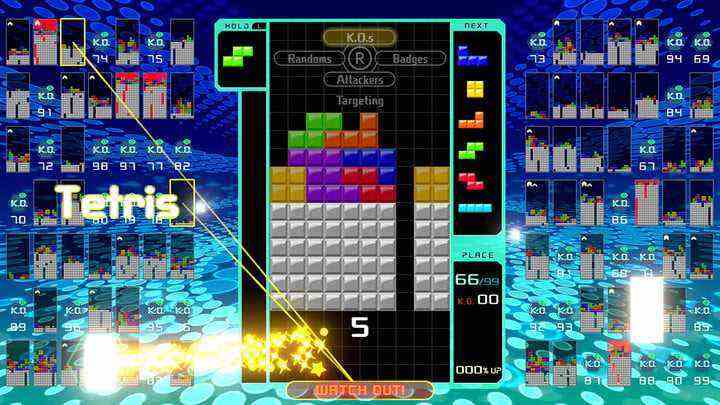 Colorful blocks all over the screen as a player tries to line-up a Tetris.