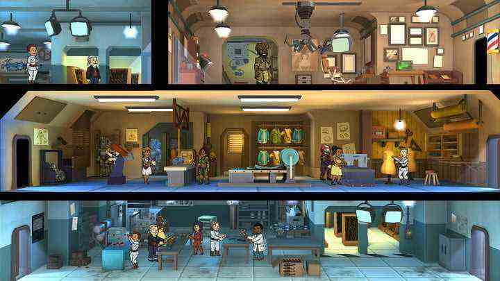 Vault dwellers completing various tasks in Fallout Shelter.