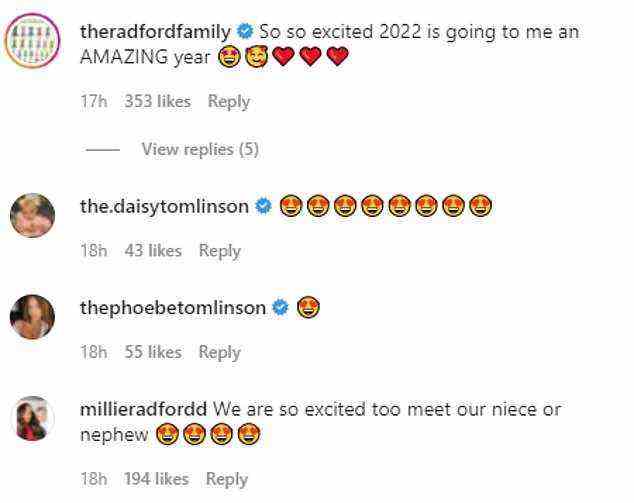 Der Instagram-Account der Familie Radford, Chloes Schwester Millie und Daisy und Phoebe Tomlinson – Louis’ Schwestern – gehörten zu den ersten, die Chloe zu ihren Babynachrichten gratulierten