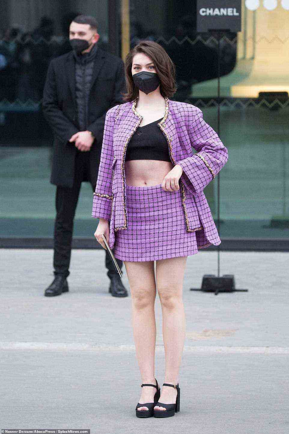 Flawless: French-Romanian actress Anamaria Vartolomei looked stylish in a purple jacket and matching skirt
