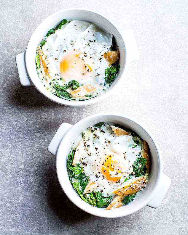 Microwave Eggs with Spinach and Mackerel. Cook in the microwave for 1 minute 30 seconds, checking every 15 seconds from then on, until the white is set and the yolk is still runny