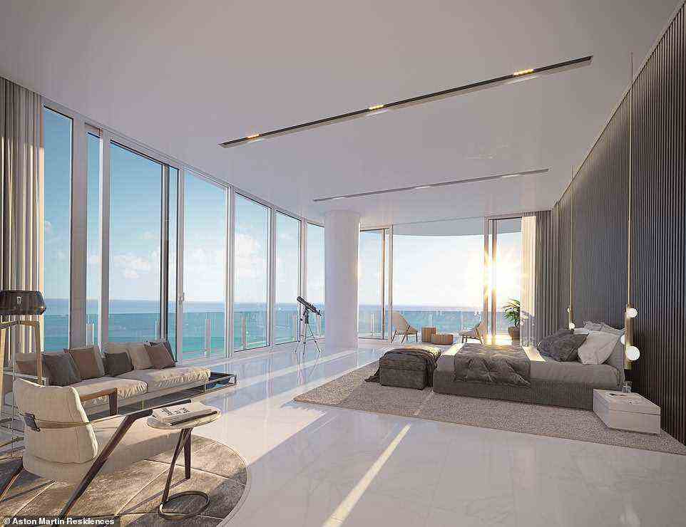 Oben ist eine Darstellung eines Penthouse-Wohnraums.  Reichman sagt: „In diesem, unserem ersten Wohnprojekt, sind die Innenräume von Aston Martin inspiriert, berücksichtigen aber die tropische Umgebung von Miami.“