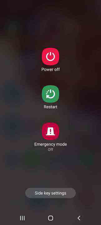 Samsung Power-Menü mit den Symbolen für Ausschalten, Neustart und Notfallmodus.