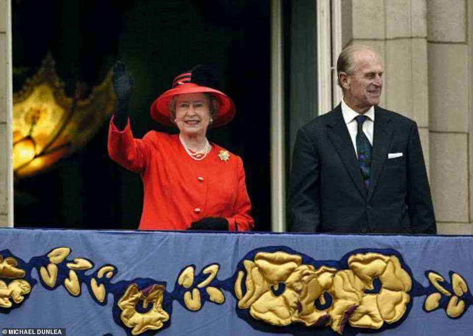 The Queen and Prince Philip watching the fly-past from the balcony of Buckingham Palace in June 2002 to celebrate the Golden Jubilee
