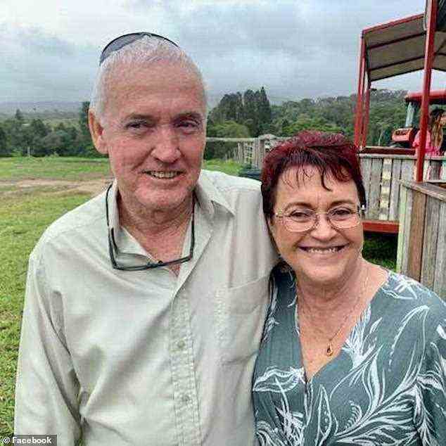 Karryn Dolan (im Bild rechts mit Ehemann Peter) erlitt einen katastrophalen Herzinfarkt, als sie auf der Kap-York-Halbinsel Wildschweine erschoss, wobei der nächste Arzt mehr als 90 Minuten entfernt war