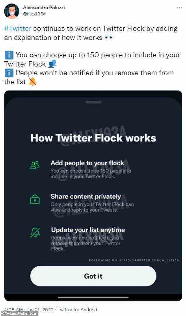 Flock muss noch von Twitter bestätigt werden, aber der mobile Entwickler Alessandro Paluzzi hat vermeintliche Screenshots geteilt, wie es aussehen würde
