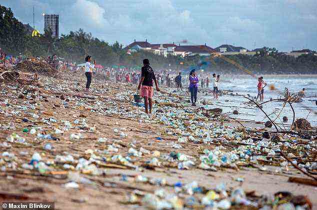 Der prognostizierte Anstieg der Plastikverschmutzung, die in die Umwelt gelangt, stellt einen planetarischen Notfall dar, warnt der Bericht.  Abgebildet ist die Plastikverschmutzung am Strand von Kuta, Bali.  Beachten Sie die berühmten goldenen Bögen von McDonald's im Hintergrund
