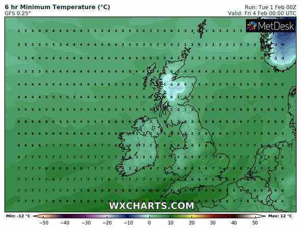 Die Temperaturen erreichen über Nacht bis Freitag -3 ° C, während in weiten Teilen Großbritanniens -1 ° C zu sehen sind