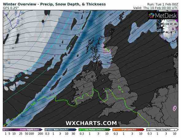 Am 10. Februar wird dieses System mit 2 cm Regen über Schottland bis Mittag ernsthaft zuschlagen