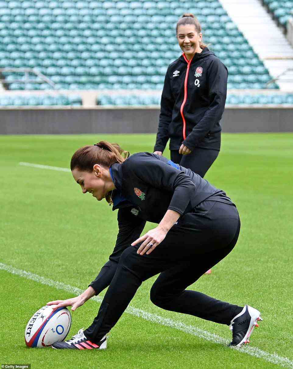 Five points to Kate! The Duchess of Cambridge beamed as she scored a try at Twickenham Stadium this morning