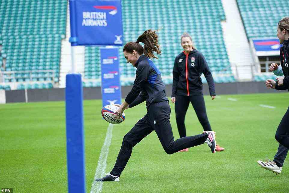 Making a dash for it! The Duchess of Cambridge ran towards the try line at Twickenham Stadium today